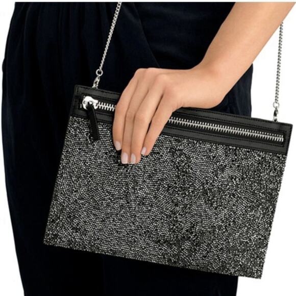 Swarovski Crystal Glam Rock Evening Bag Black Silver Convertible Chain Strap - Picture 4 of 7
